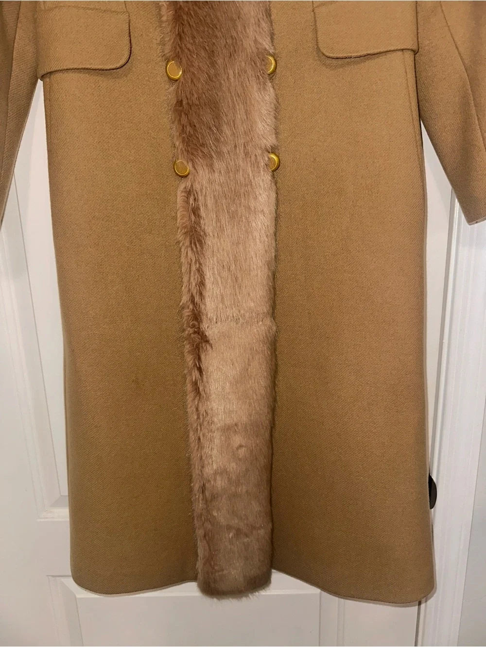 Tory Burch Celeste Coat Camel Faux Fur Collar Double Breasted Size 6